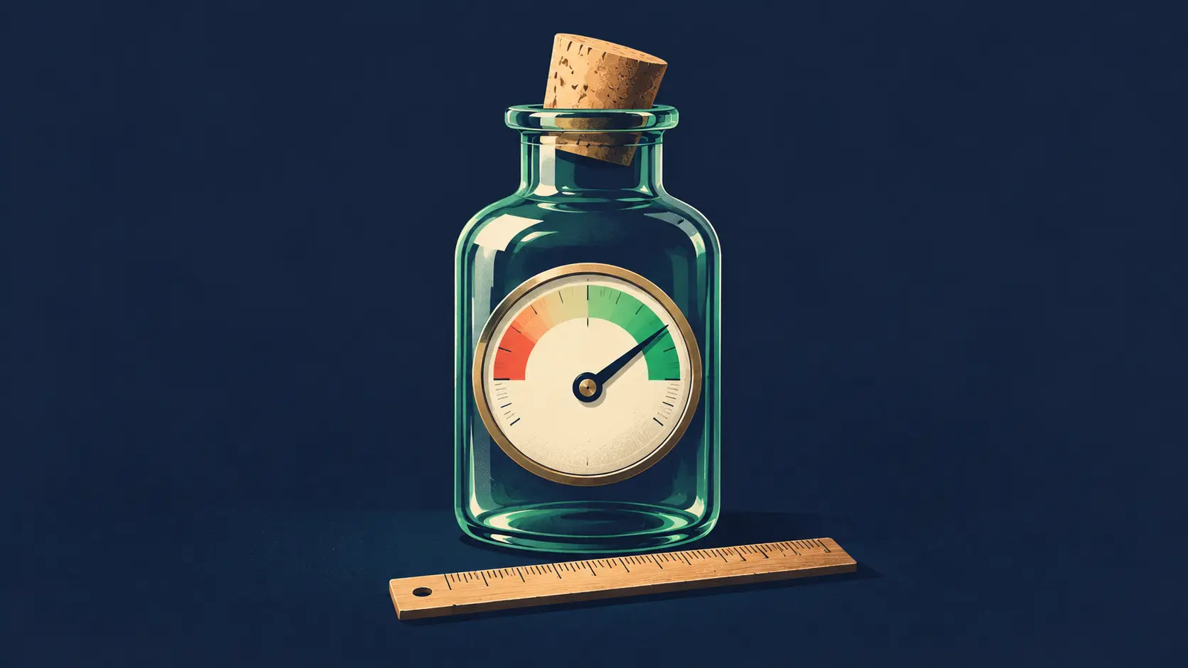 single vintage apothecary bottle, cork half out, with a round measuring gauge dial visible inside the glass in place of a label